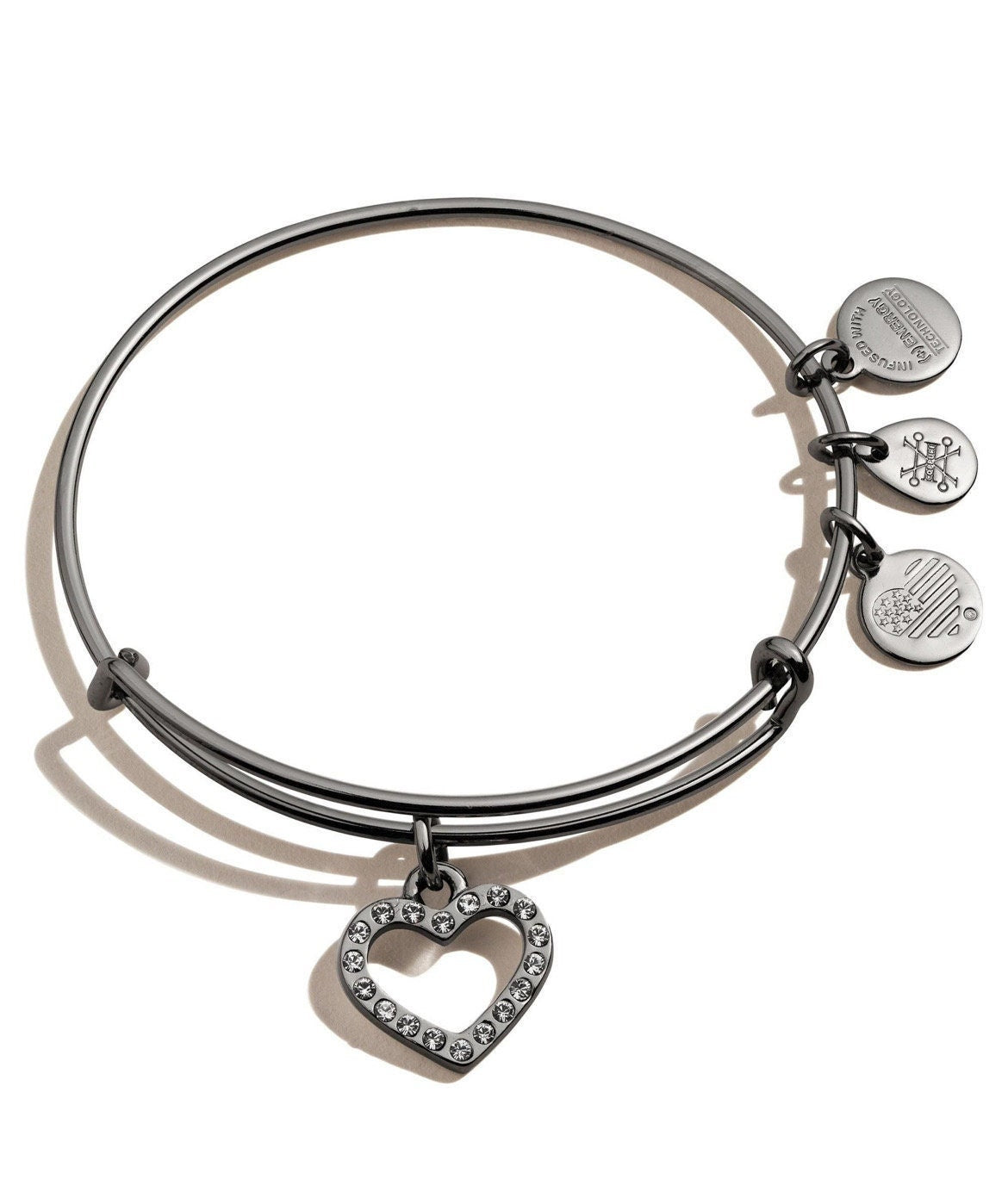 Alex and Ani - Swarovski Crystal Pave Heart Charm Bangle Bracelet, Midnight Silver, Adjustable & Stackable, Collectable Gift For Her, NWT