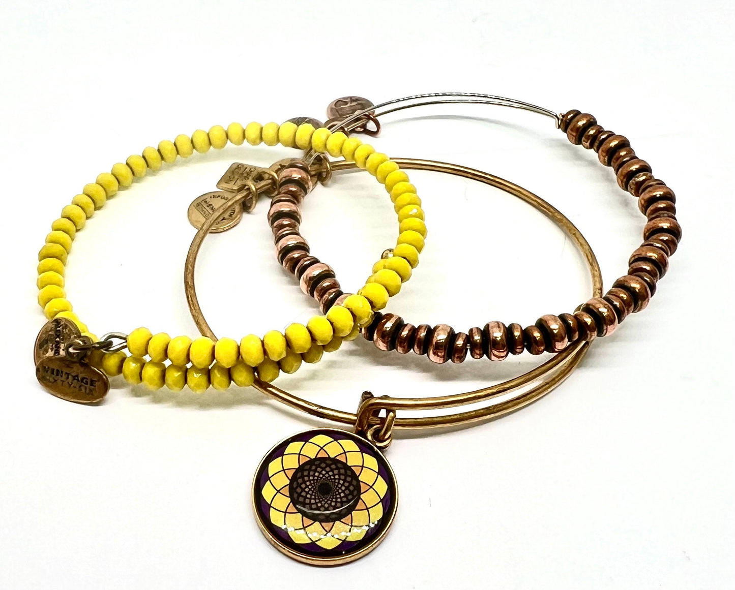 Alex and Ani - 3 Bangles Special Sale, Sunflower Charm Shiny Gold, Mango Beaded Bangle & Nile in Rose Gold