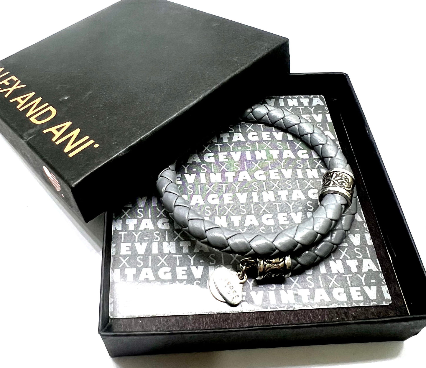 Alex and Ani - Grey Braided Leather Wrap Vintage 66 Series Bracelet Rafaelian Silver End Caps, Collectable Gift for Her, NWOT plus Card+Box