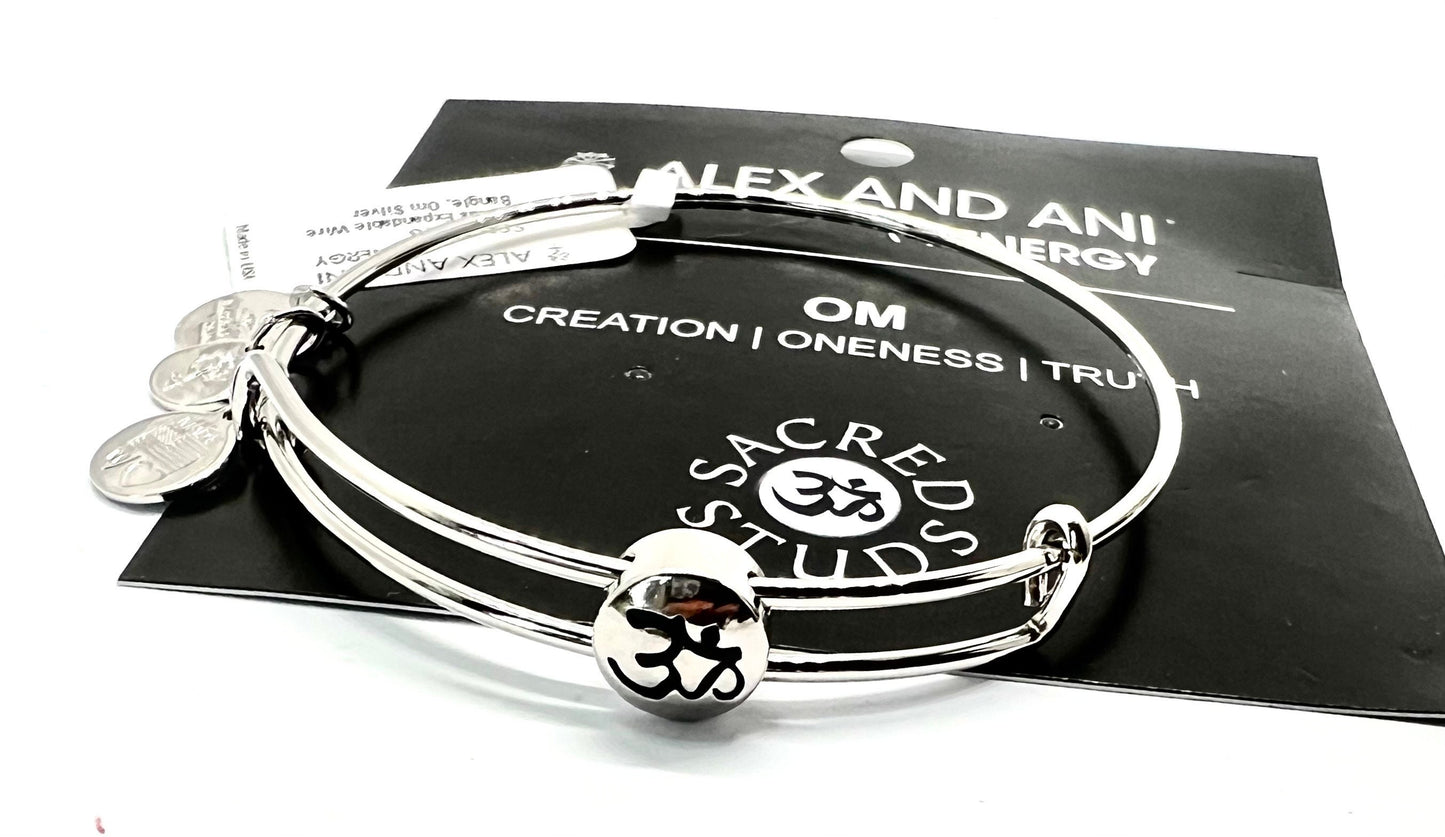 Alex and Ani - Sacred Studs Om Slide Bangle, Rafaelian Silver, Expandable & Stackable, Collectable Gift for Her, NWT + Card