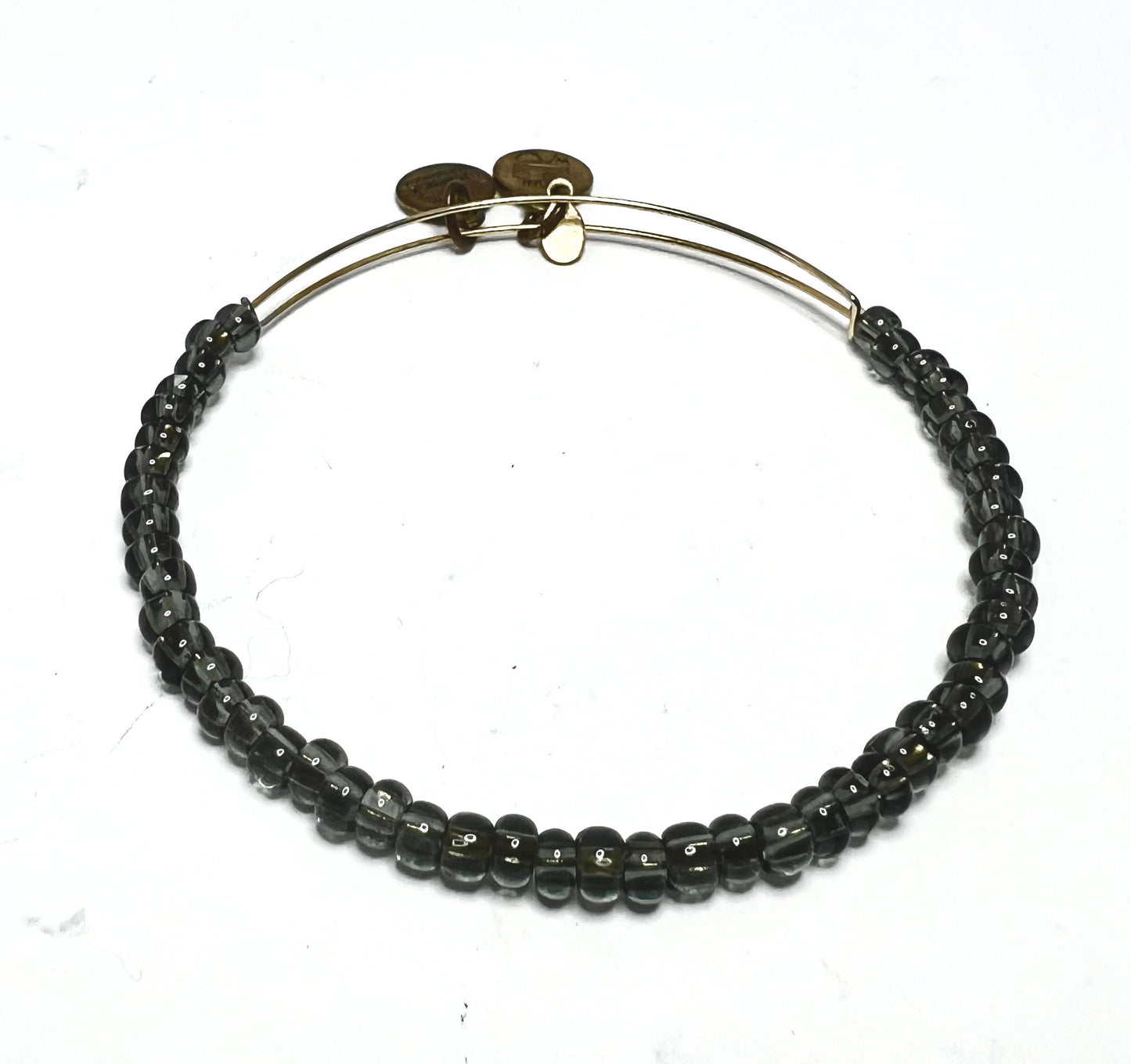 Alex and Ani - Dark Grey Glass Beaded Bangle, Rafaelian Gold Charms Bracelet, Adjustable, Collectable Gift for Her, NWOT