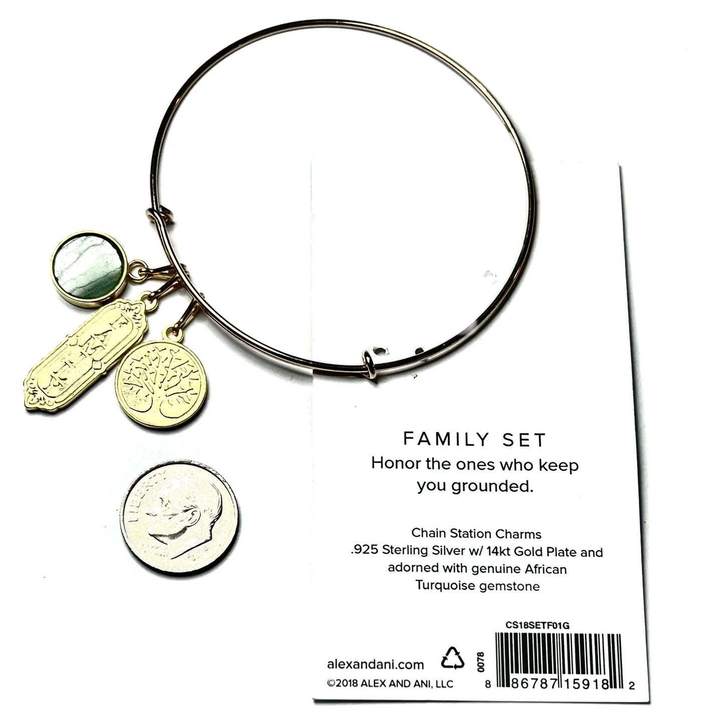 Alex and Ani - 3 Charms, 14k Gold Plated Family Set Station Charms with Bangle