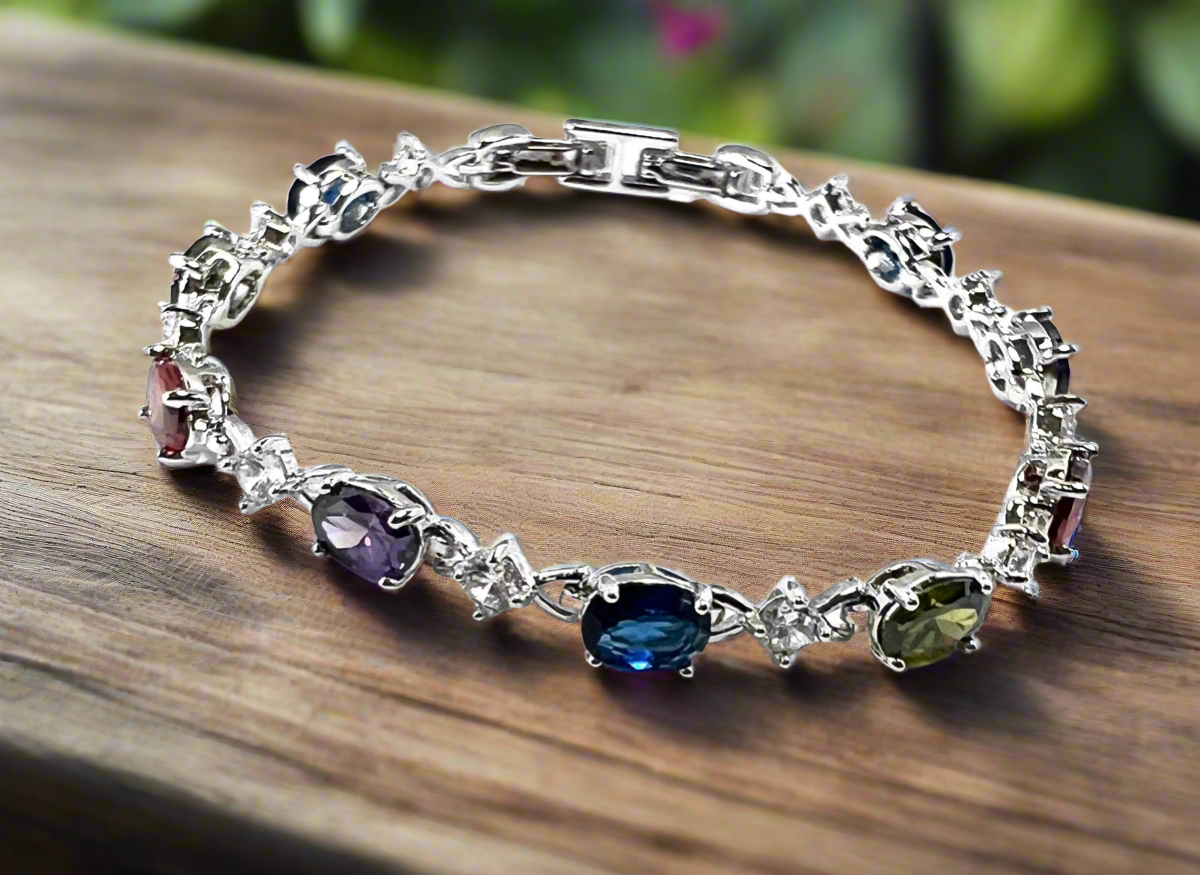 Classic Tennis Bracelet Oval Princess Cut Multi Colored CZ Shiny Silver Tone,  A Gift for Her