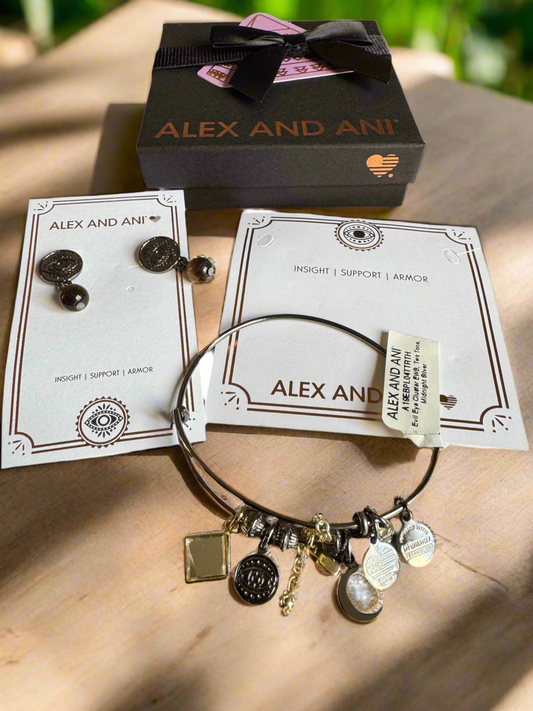 Alex and Ani - Evil Eye Earrings, Tiger Eye Round Stone Drop PLUS Evil Eye Cluster Bangle Bracelet