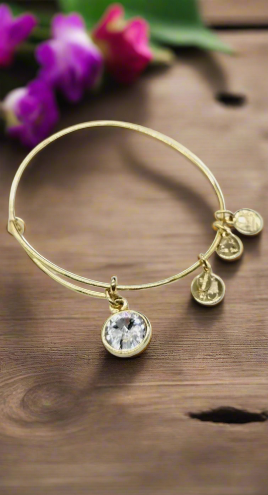 Alex and Ani - April Birthstone, Clear Crystal Charm Bangle, Tear Drop, Rafaelian Silver, Stackable Bracelet, Collectible Gift for Her