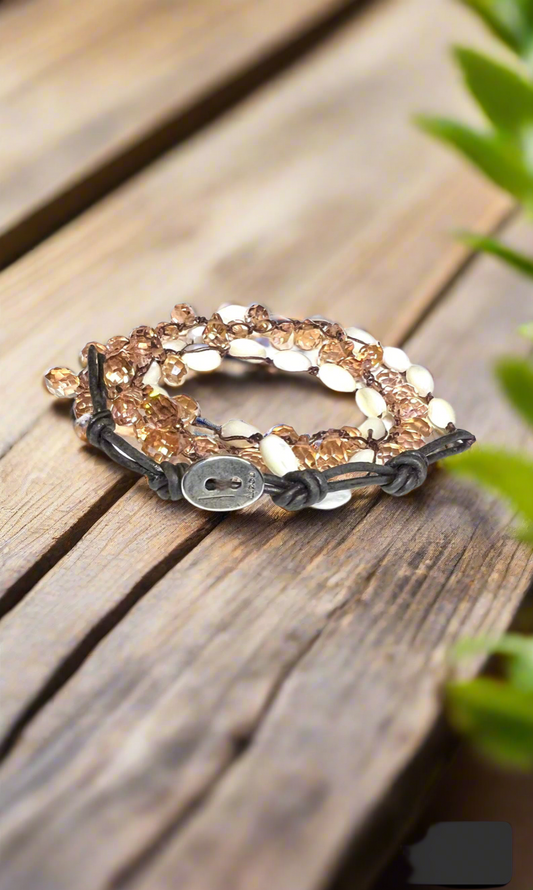 Lizou Collection - Leather, Crystal & Mother of Pearl Beaded 3 Times Wrap Bracelet, Gift for Her