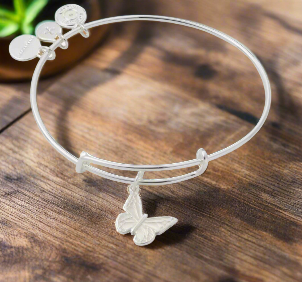 Alex and Ani - February Pearlized Butterfly of the Month, Charm Bangle, Rafaelian Silver
