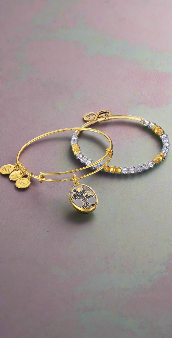 Alex And Ani - Art Infusion Tree Of Life Charm Bangle Bracelet Set in Antique Gold