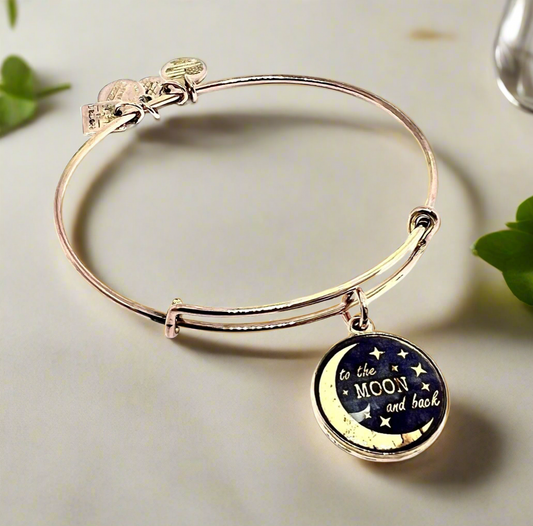 Alex and Ani - Art Infused “To The Moon and Back” Charm - Shiny Rose Gold/Silver, Stackable, Adjustable, Collectable Gift for Her, EUC