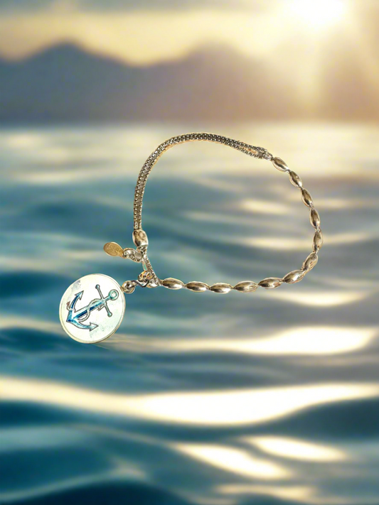 Alex and Ani - Sterling Silver Anchor Charm with Sterling Silver Beads Pull Bracelet