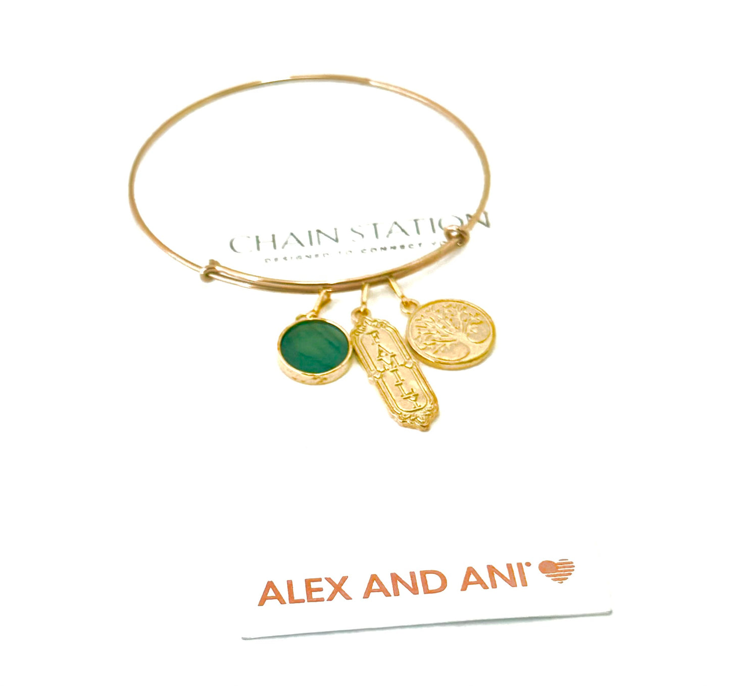 Alex and Ani - 3 Charm Set, 14k Gold Plated Family Set Station Charms on a Gold Bangle