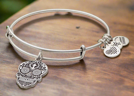 Alex and Ani - The Calavera Charm Rafaelian Gold/Silver Finish Bangle Bracelet, Dia De Los Muertos