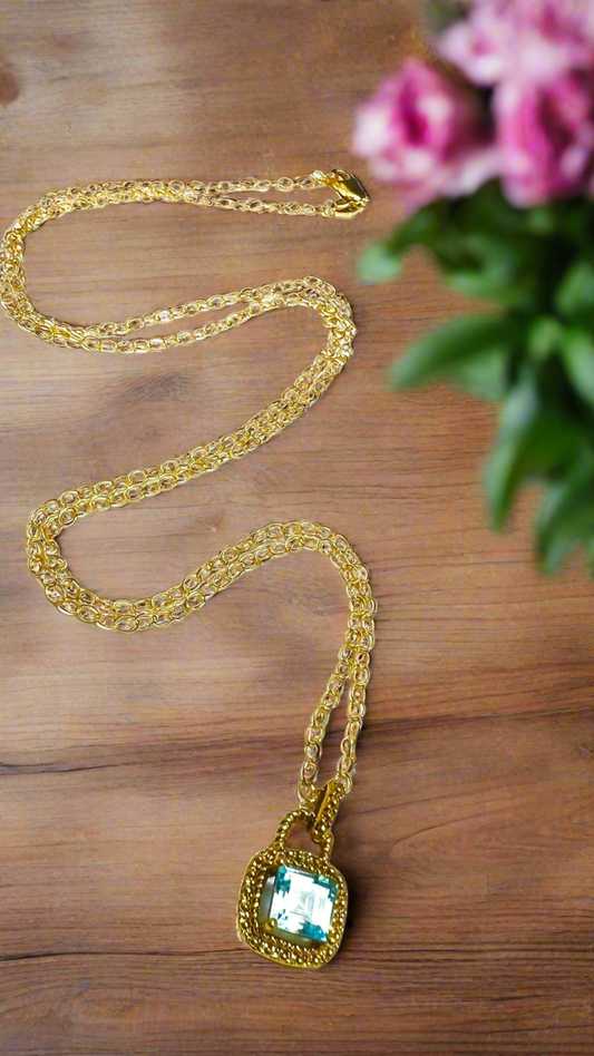 Genuine Real Diamond Accent Blue Topaz with 24” Gold Filled Adjustable Cable Chain