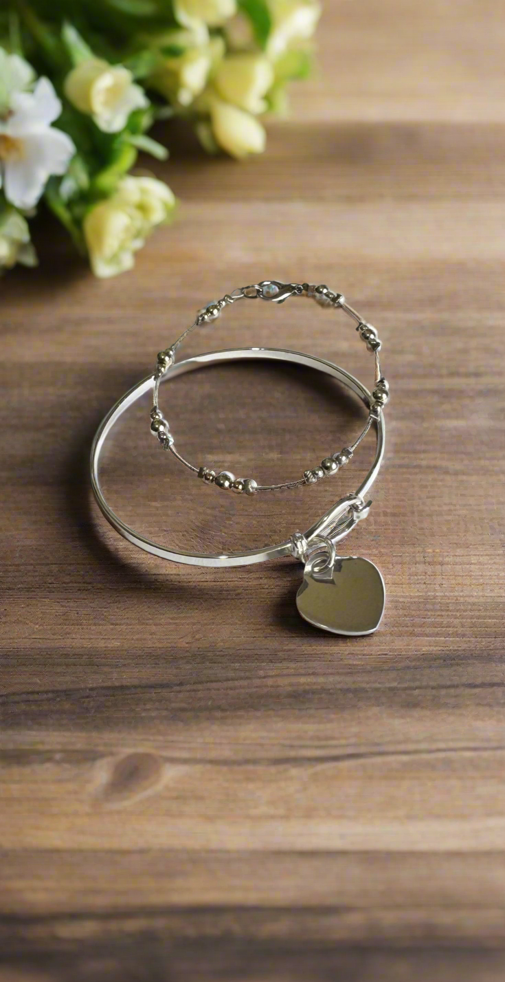 Sterling Silver Engravable Heart Charm on a Shiny Silver Finish Bangle Bracelet plus Bonus Beaded Bracelet
