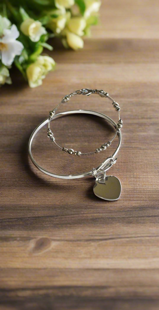 Sterling Silver Engravable Heart Charm on a Shiny Silver Finish Bangle Bracelet plus Bonus Beaded Bracelet