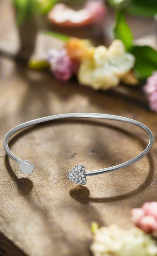 TINGN Stainless Steel Womens Cute CZ “Love” Tiny Crystal Heart, Open Cuff Bangle Bracelet