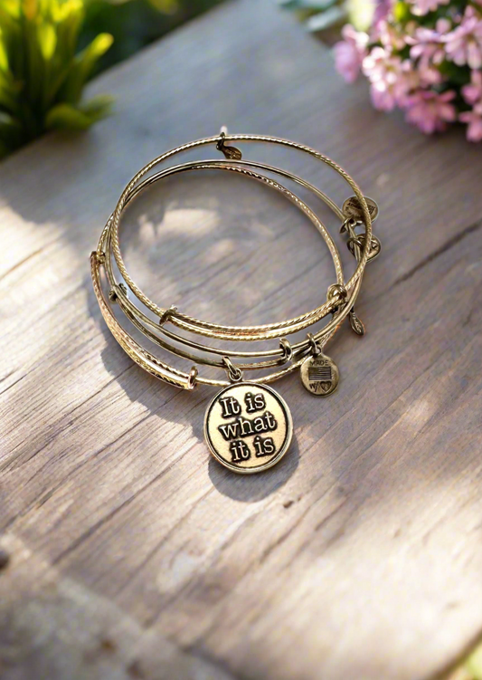 Alex and Ani - “It Is What It Is” Charm Bangle Bracelet Plus 2 Gold Textured Bangles