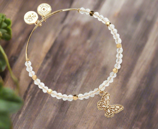 Alex and Ani - Filigree Butterfly Charm Crystal Beaded Bangle, Rafaelian Gold, Limited Edition