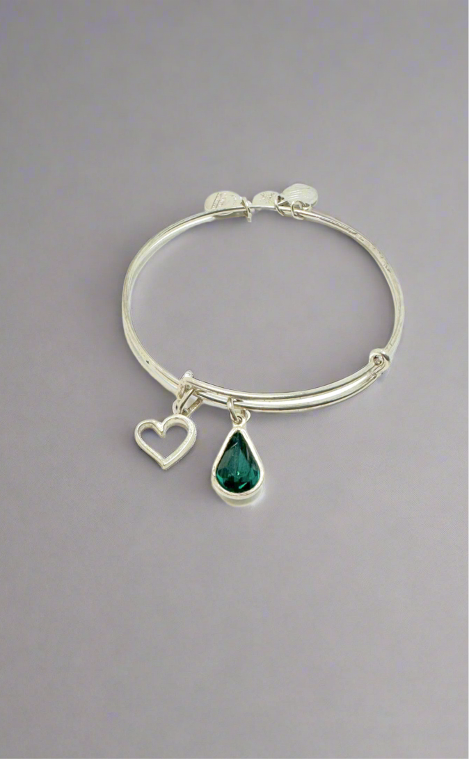 Alex and Ani - May Emerald Swarovski Crystal Charm + Open Heart Charm & Jordan Beaded Bangle Bracelets