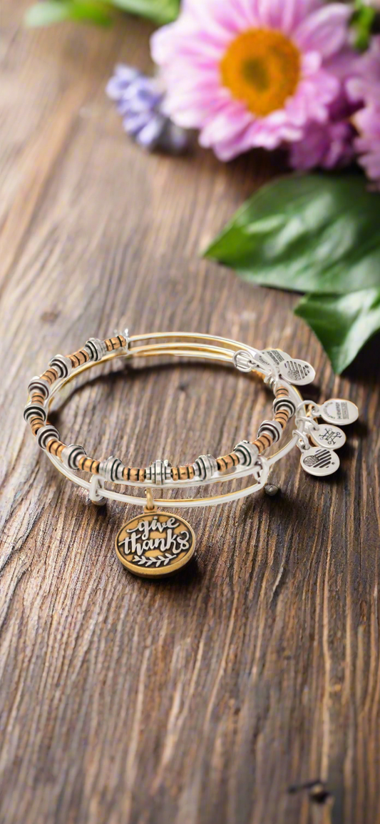 Alex And Ani - Give Thanks Set of 2 - Two Tone Charm Bangle Bracelets