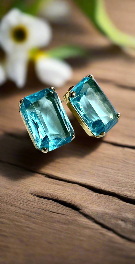 Imitation Blue Topaz Gold Tone Stud Pierced Earrings, Emerald Cut, Contemporary Earrings, Gift for Her