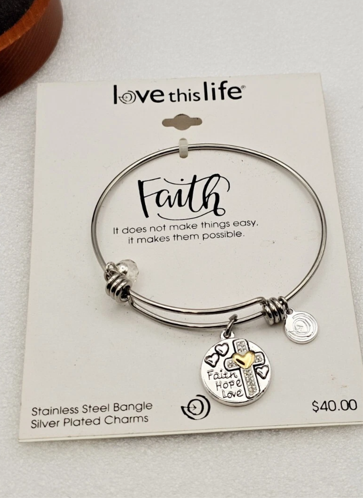 Love This Life - Faith Charm Stainless Steel, Silver Plated Bangle Bracelet