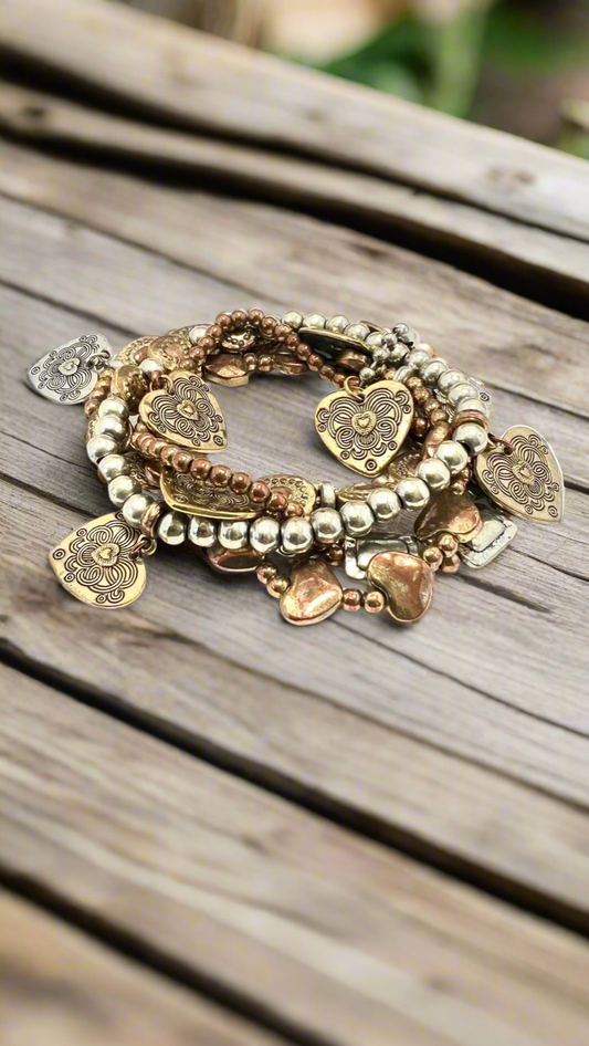 Lizou Collection - 4 Stretch Bracelets Hearts and Charms