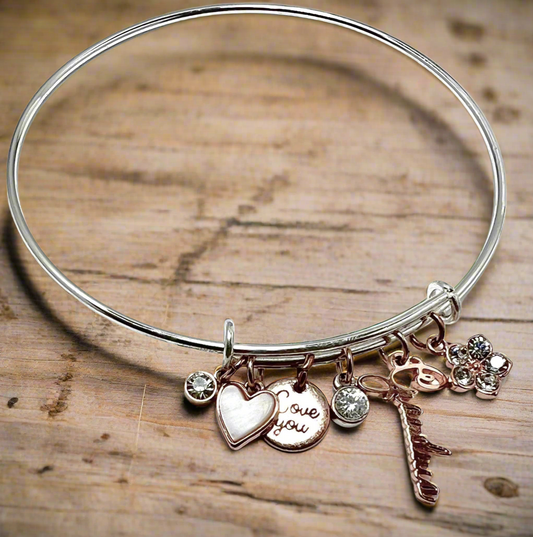 Stainless Steel "Grandma" Bangle with Mother of Pearl and Cubic Zirconia Charms - 6 Rose Gold Charms