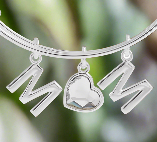 Alex and Ani - Mom Charm Bangle Silver, Swarovski Crystal, Stackable Bracelet, Collectable, For New Mothers, Mother’s Day Gift, NWT + Card