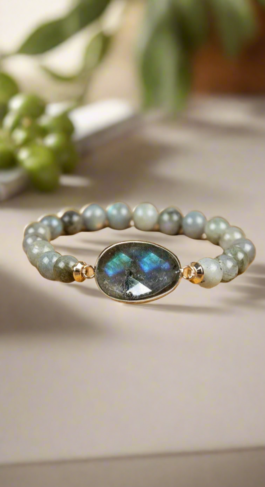 Handmade Natural Labradorite Elastic Stretchy Bracelet with Labradorite Raw Stone