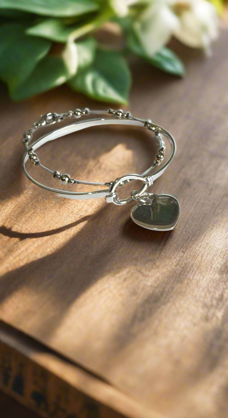 Sterling Silver Engravable Heart Charm on a Shiny Silver Finish Bangle Bracelet plus Bonus Beaded Bracelet