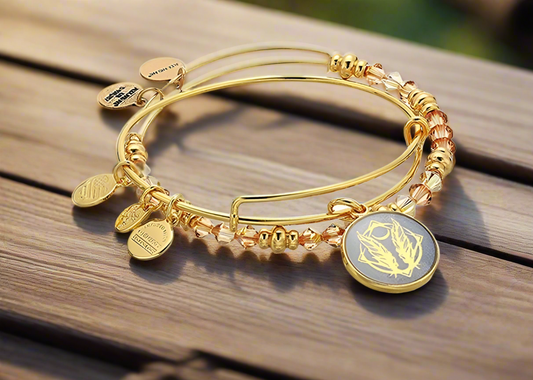 Alex and Ani - Godspeed Charm Set of 2 Bangles, Rafaelian Shiny Gold, with Swarovski Crystal Beaded Bracelet