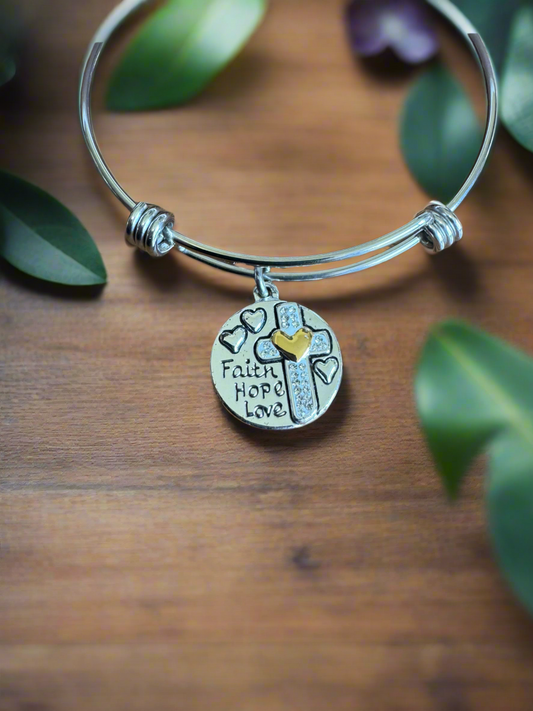 Love This Life - Faith Charm Stainless Steel, Silver Plated Bangle Bracelet