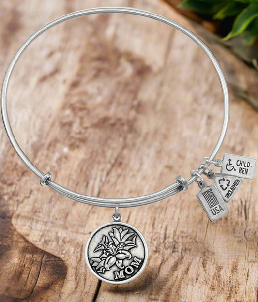 Wind and Fire Social - Mom Silver Charm Bracelet Adjustable Bangle Boho Stackable Bracelet, Collector's Item Gift for Her