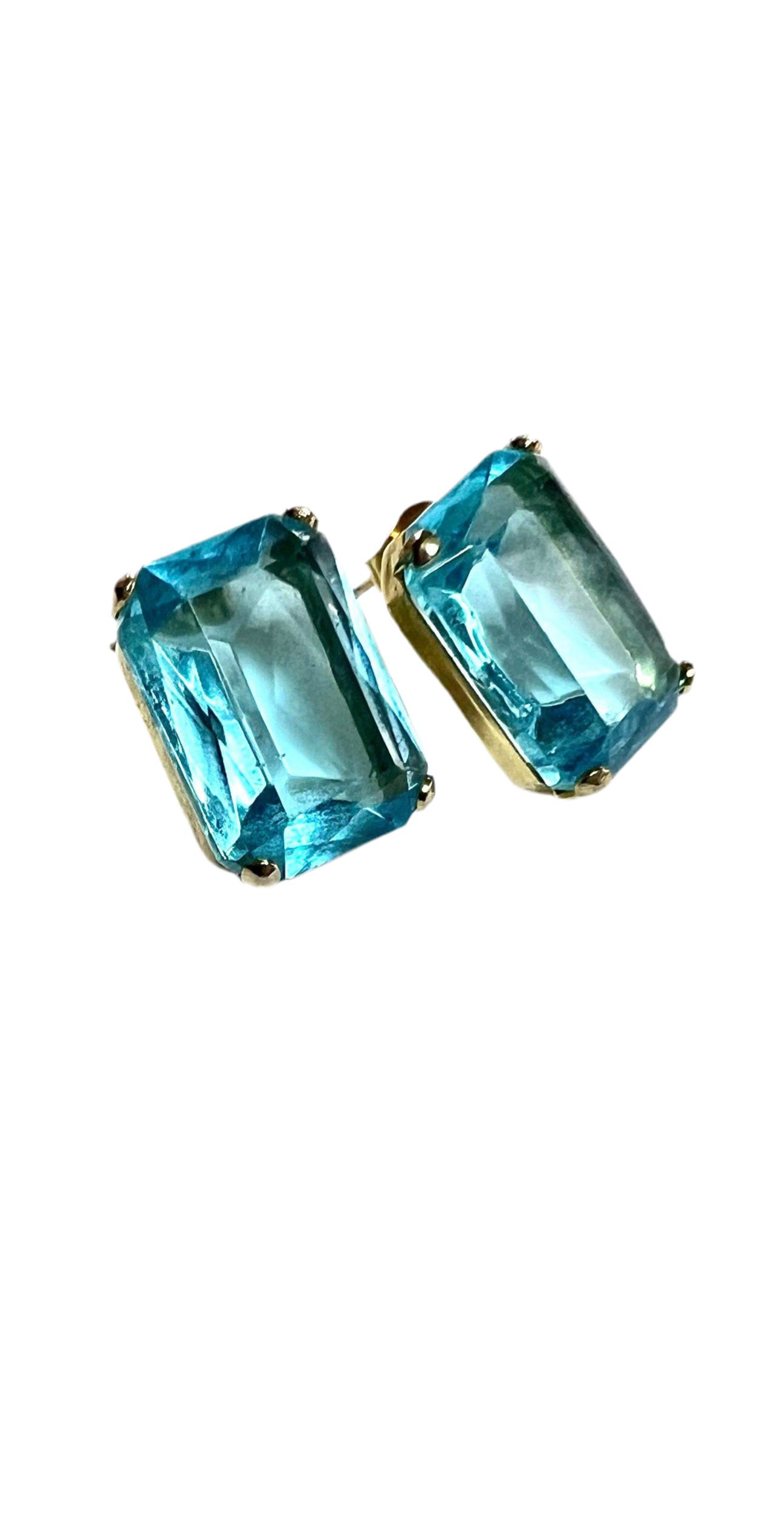 Imitation Blue Topaz Gold Tone Stud Pierced Earrings, Emerald Cut, Contemporary Earrings, Gift for Her
