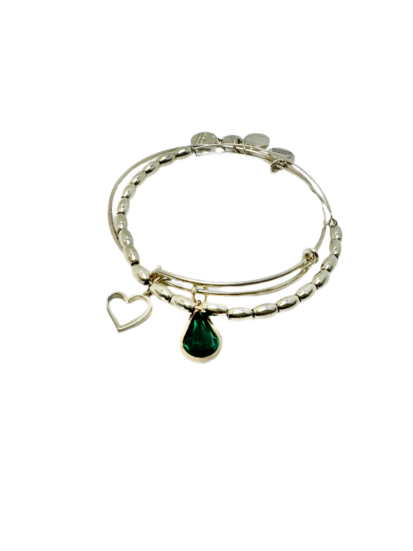 Alex and Ani - May Emerald Swarovski Crystal Charm + Open Heart Charm & Jordan Beaded Bangle Bracelets