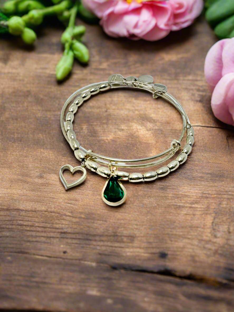 Alex and Ani - May Emerald Swarovski Crystal Charm + Open Heart Charm & Jordan Beaded Bangle Bracelets