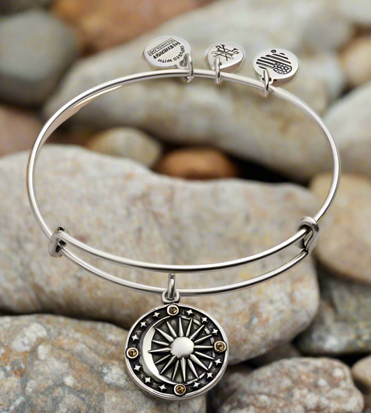 Alex and Ani - Cosmic Balance Charm Bangle Bracelet, Rafaelian Silver/Gold, with Swarovski Crystals, Expandable, Collectable Gift for Her