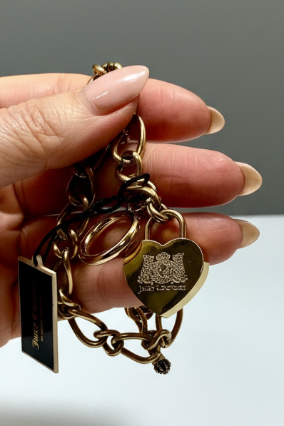Vintage Juicy Couture “Royal Couture” Gold Heart Charm with Crystals Toggle Bracelet