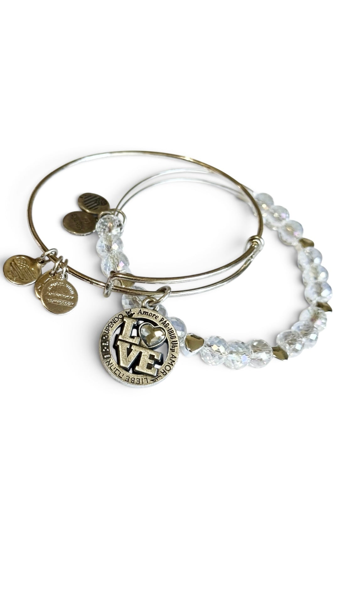 Alex and Ani - Love Language Charm & Aurora Borealis Beaded Bangle Set of 2 Bracelets, Special Sale