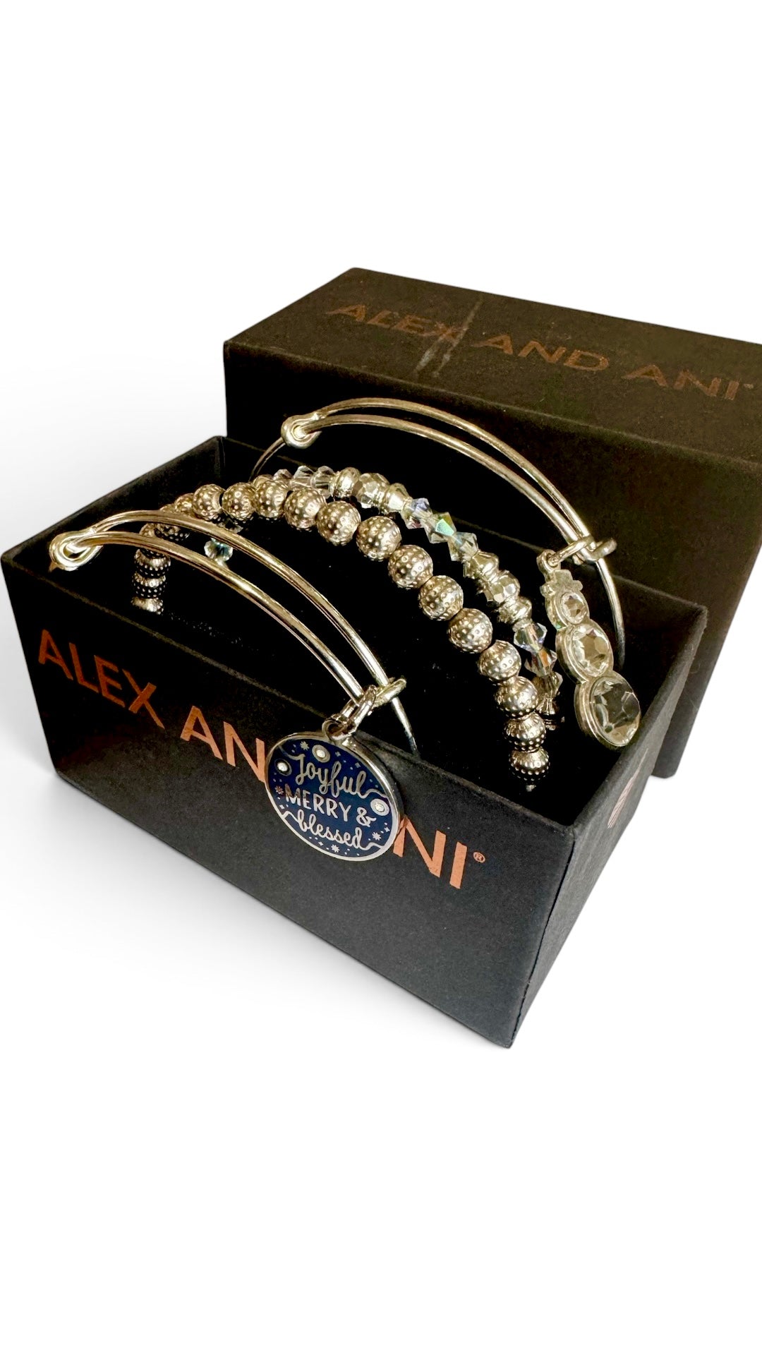 Alex and Ani - Holiday Bracelets Set of 4, Swarovski Crystal Snowman Charm, Joyful Merry & Blessed Charm plus 2 Beaded Bangles