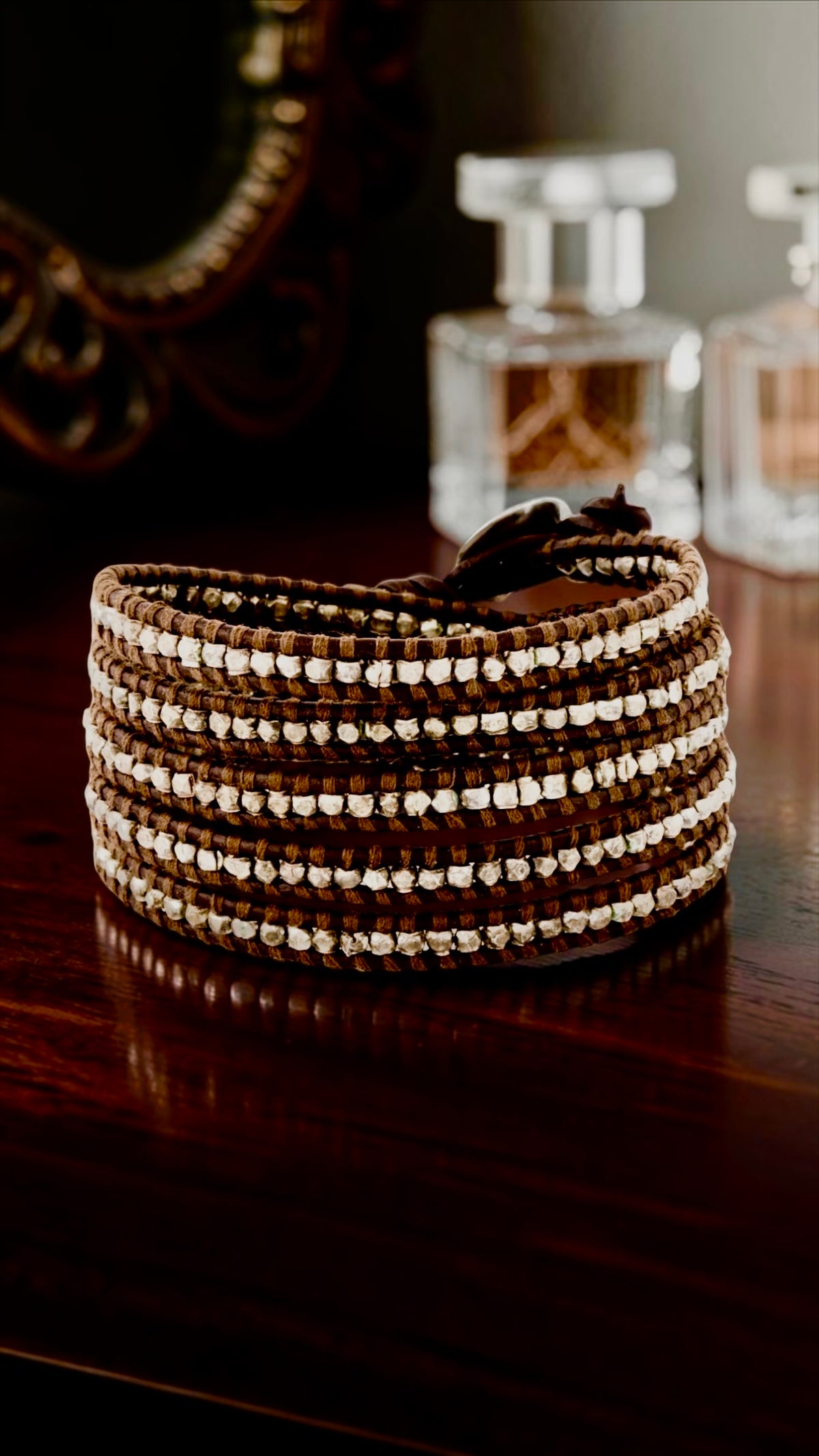 Chan Luu Wrap Brown Leather with Sterling Silver Textured Beads, 5 x Wrap