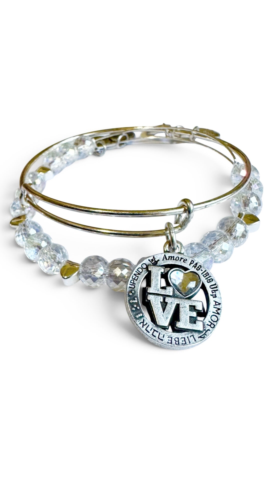 Alex and Ani - Love Language Charm & Aurora Borealis Beaded Bangle Set of 2 Bracelets, Special Sale