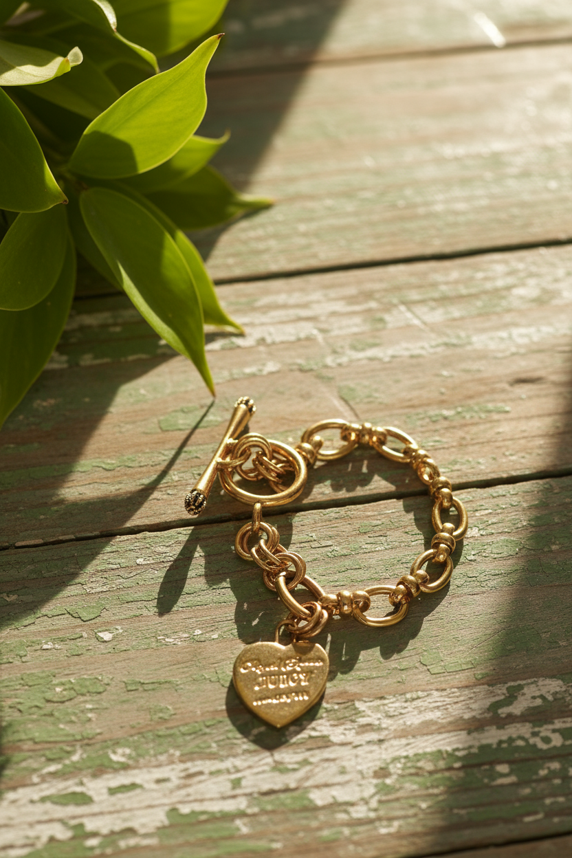 Vintage Juicy Couture “Royal Couture” Gold Heart Charm Toggle Bracelet