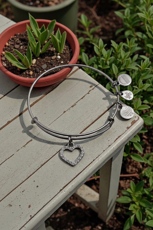 Alex and Ani - Swarovski Crystal Pave Heart Charm Bangle Bracelet, Midnight Silver