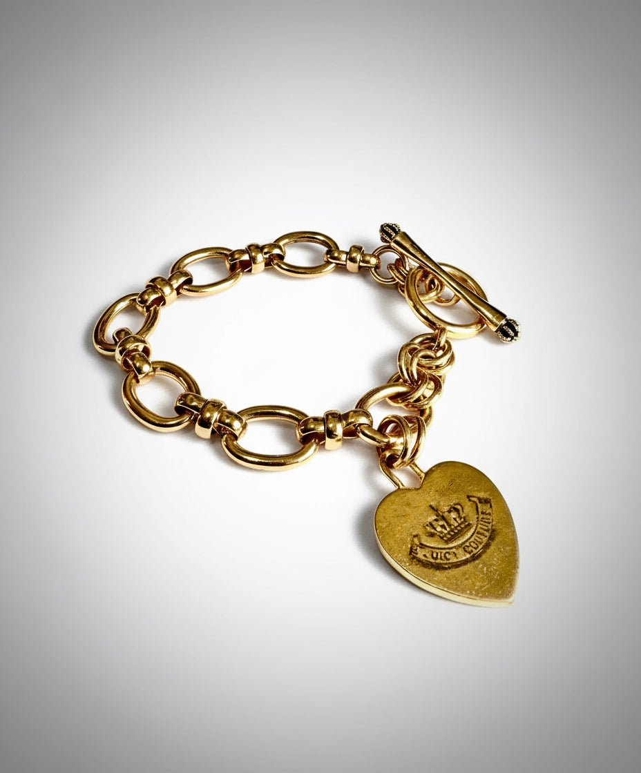 Vintage Juicy Couture “Royal Couture” Gold Heart Charm Toggle Bracelet