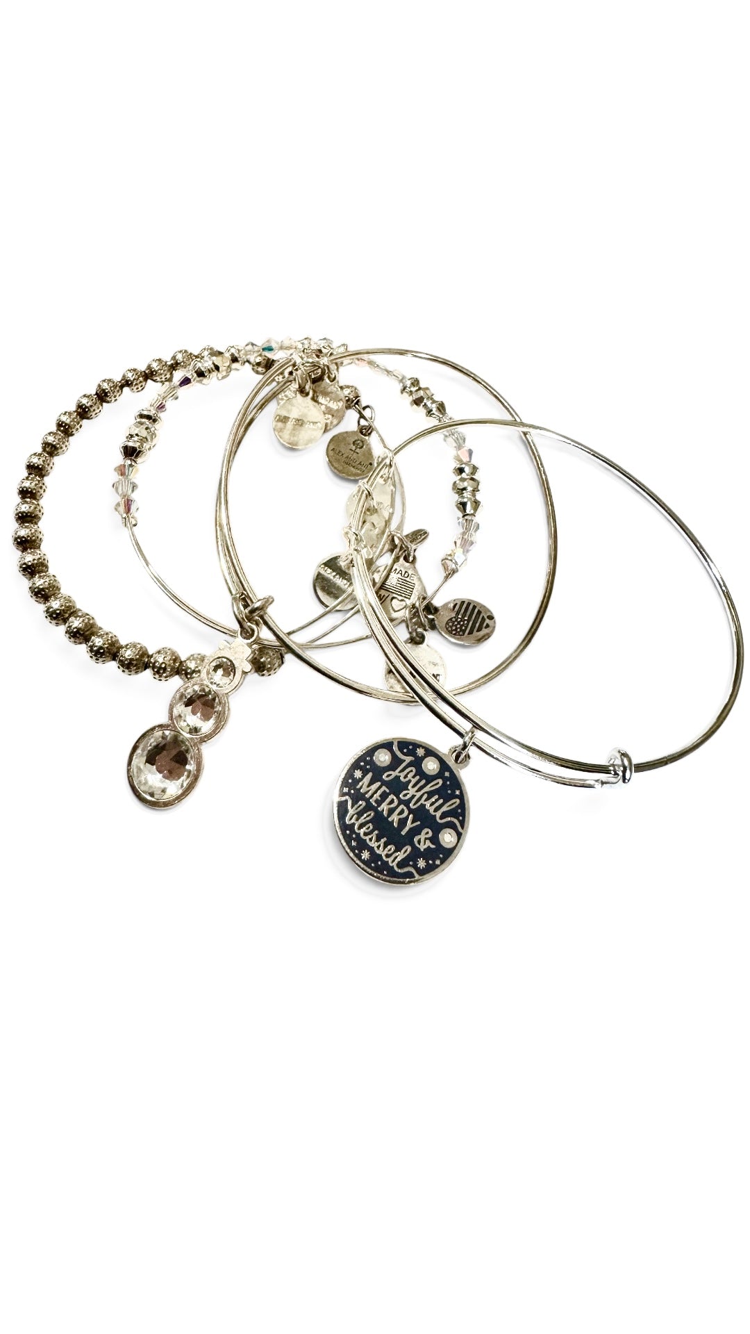 Alex and Ani - Holiday Bracelets Set of 4, Swarovski Crystal Snowman Charm, Joyful Merry & Blessed Charm plus 2 Beaded Bangles
