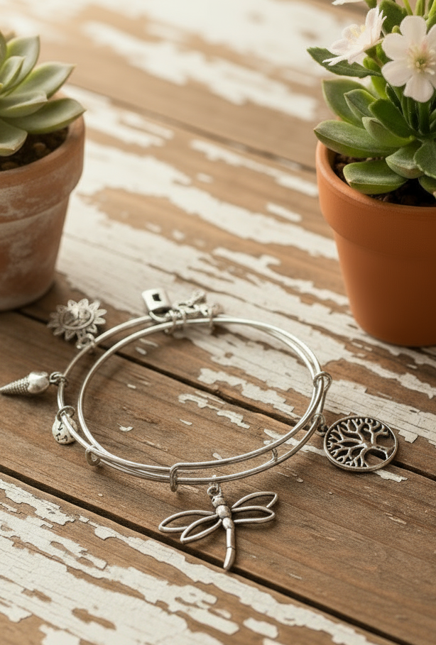 Dragonfly and Tree of Life Charm Bangle Bracelets, Set of 2 - Special Sale