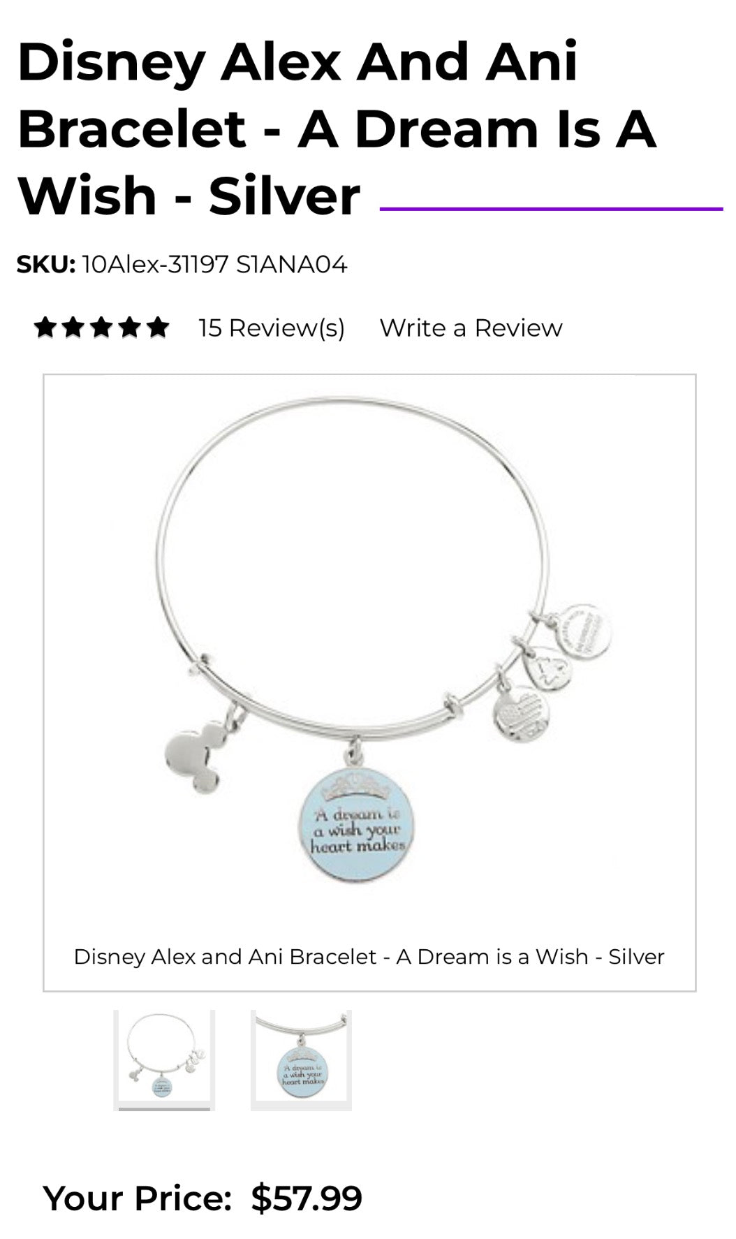 Alex and Ani - ‘A dream is a wish your heart makes’ Charm Bangle Bracelet, Park Exclusive