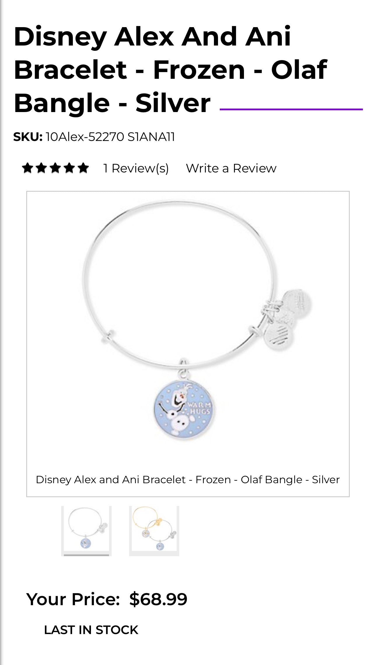 Alex and Ani - Park Exclusive Olaf from Frozen, Warm Hugs, Charm Bangle Bracelet NWT